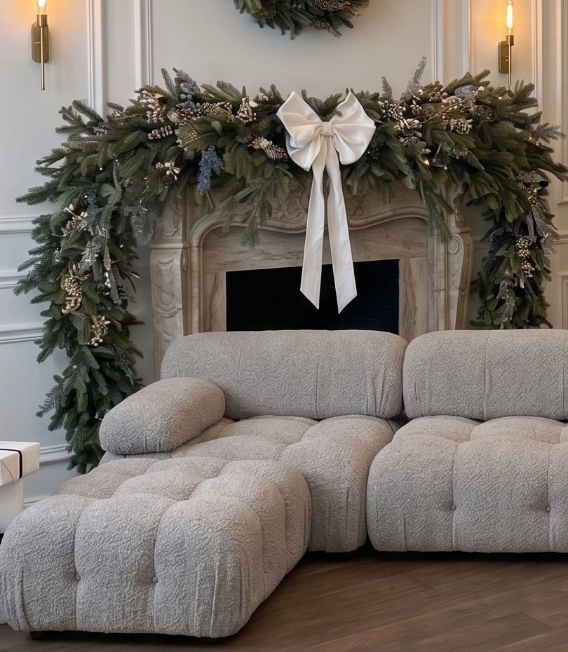 The garland fireplace with white velvet bow and live flame
