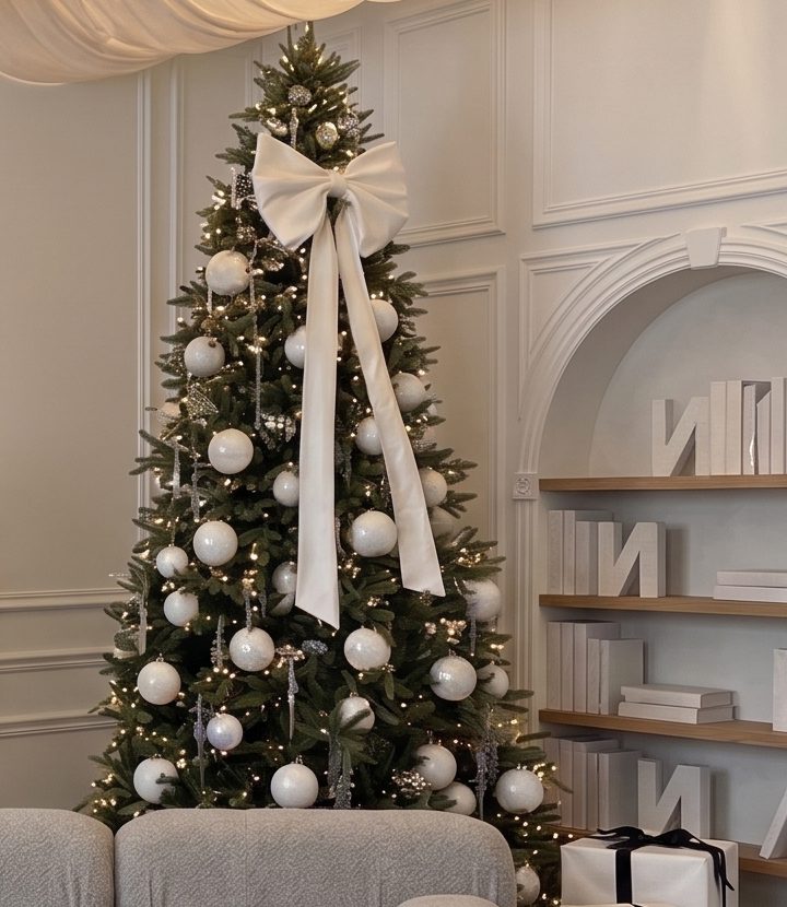 The Christmas tree in white ornaments crowned with a white velvet bow