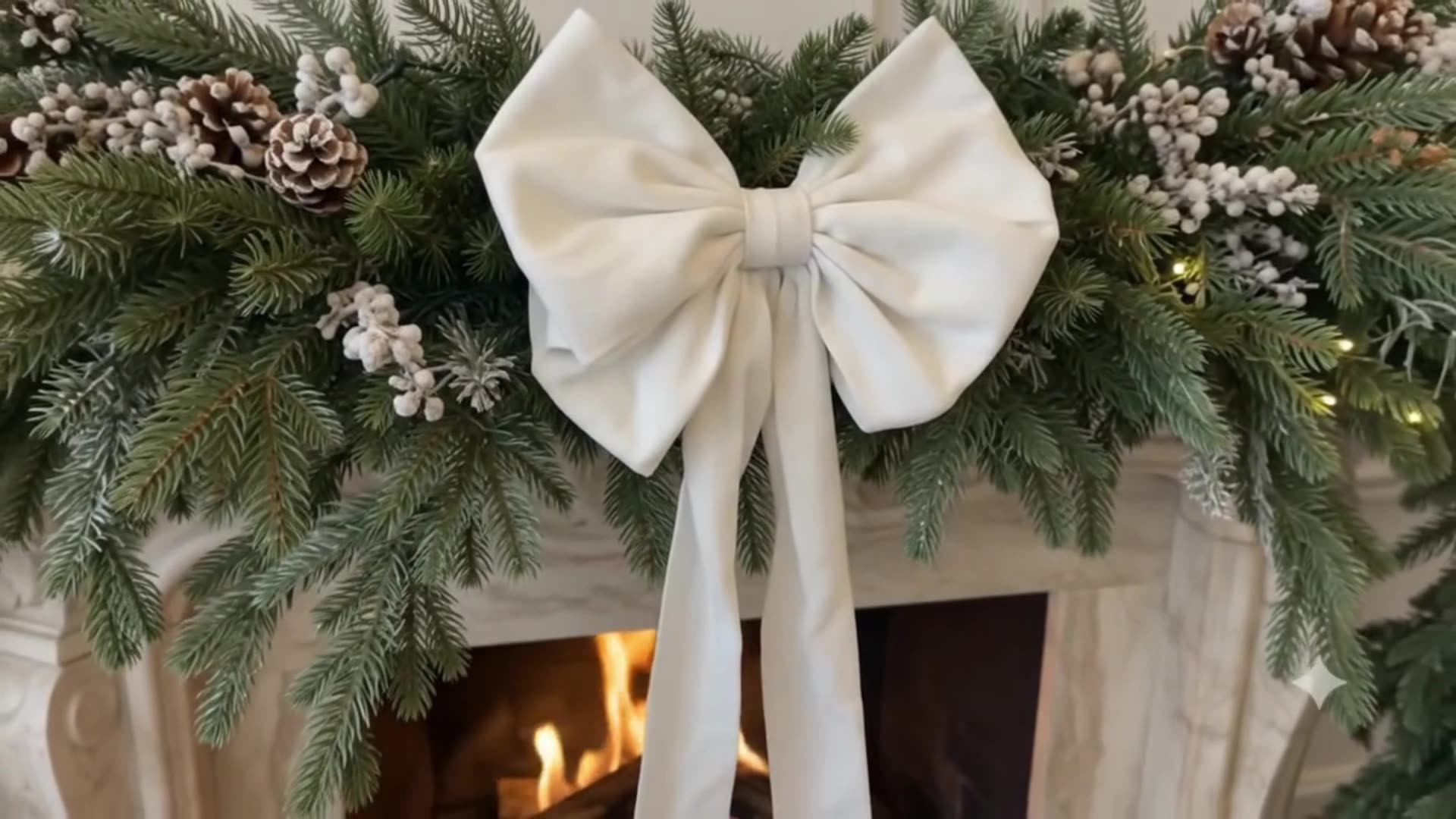 The Blanc Set 2026 — white velvet bow on the garland fireplace
