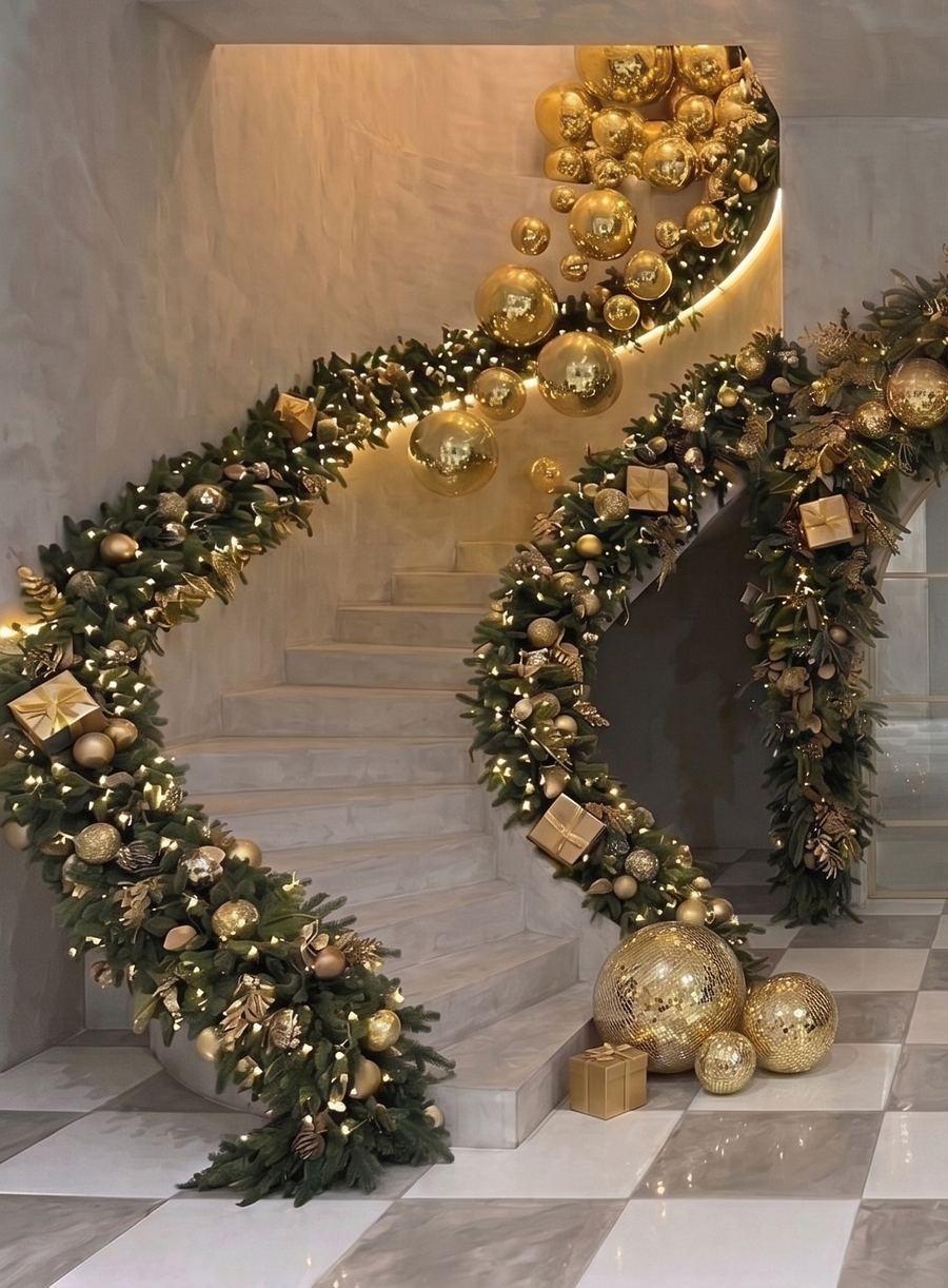 The garland staircase with gold ornament cascade