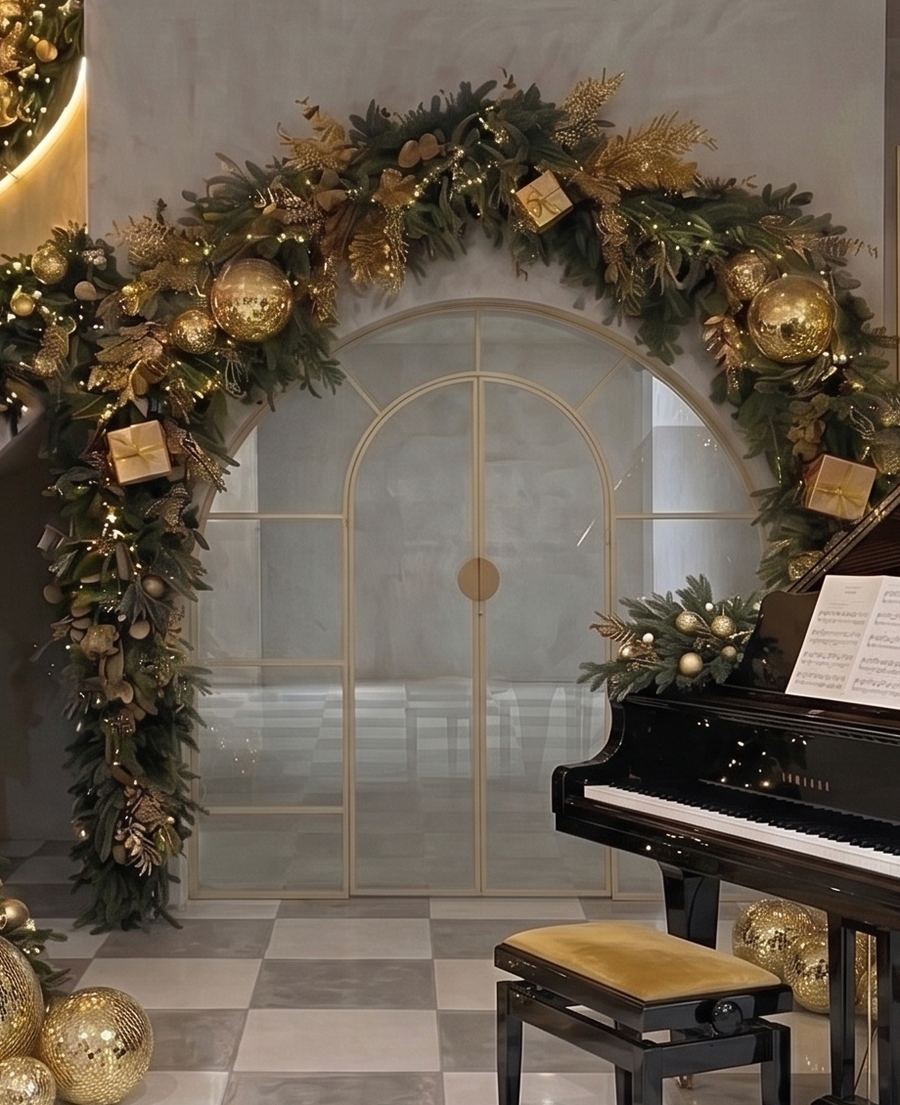 The grand garland arch over arched glass doors