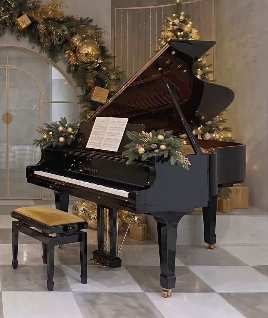 Black grand piano dressed in garland with gold velvet stool