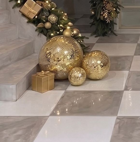 Gold mirror balls and gifts on the checkerboard marble floor