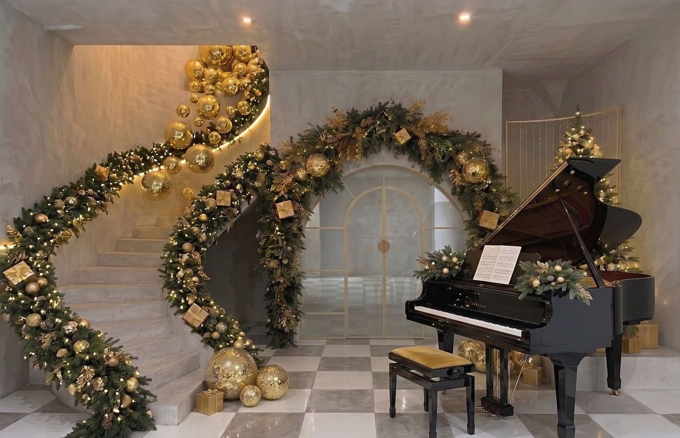 The Noël Set 2026 — front view of the staircase, arch and grand piano