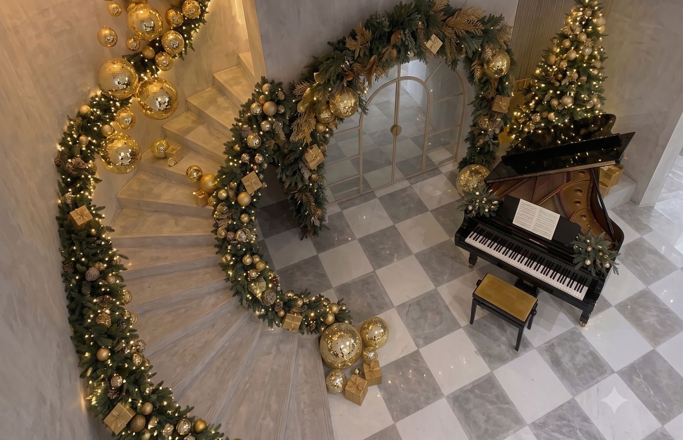 The Noël Set 2026 — top-down view of the garland spiral, arch and piano